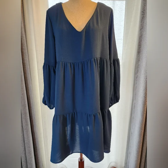 PINZIKO Long Sleeve Tunic Dress V Neck Casual Loose Flowy Swing Shift Dress M/L - Picture 10 of 14